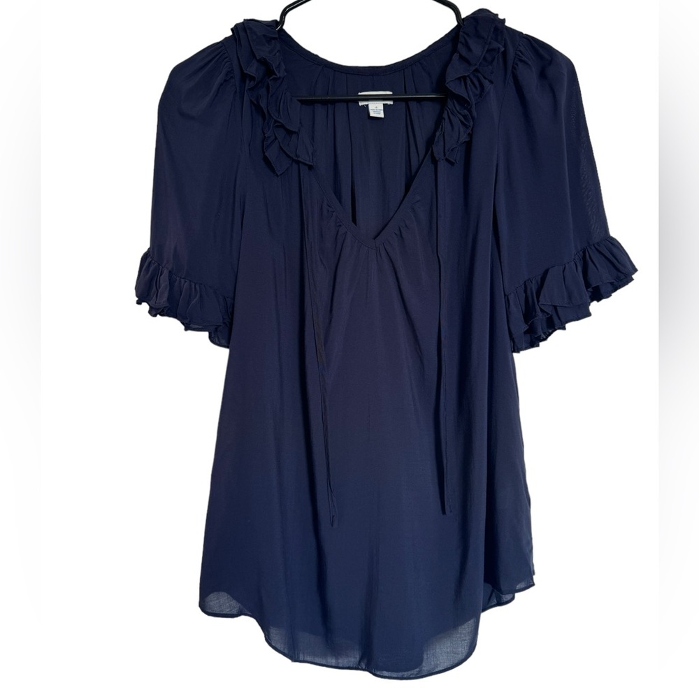 Anthropologie Odille Navy Blue Blouse Ruffle Short Sleeve Sheer Rayon Size 4
